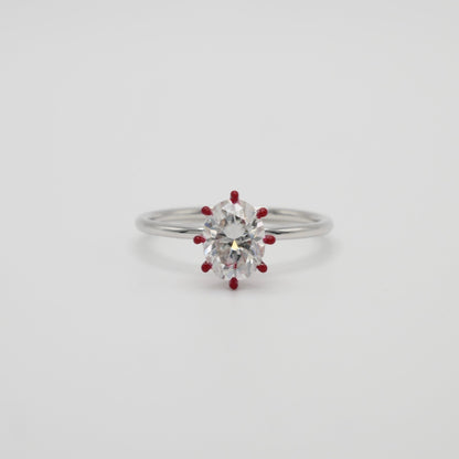 Oval Moissanite Ring with Red Enameled Claw Prongs in Red Gold - Unique Engagement Ring, 14K Gold