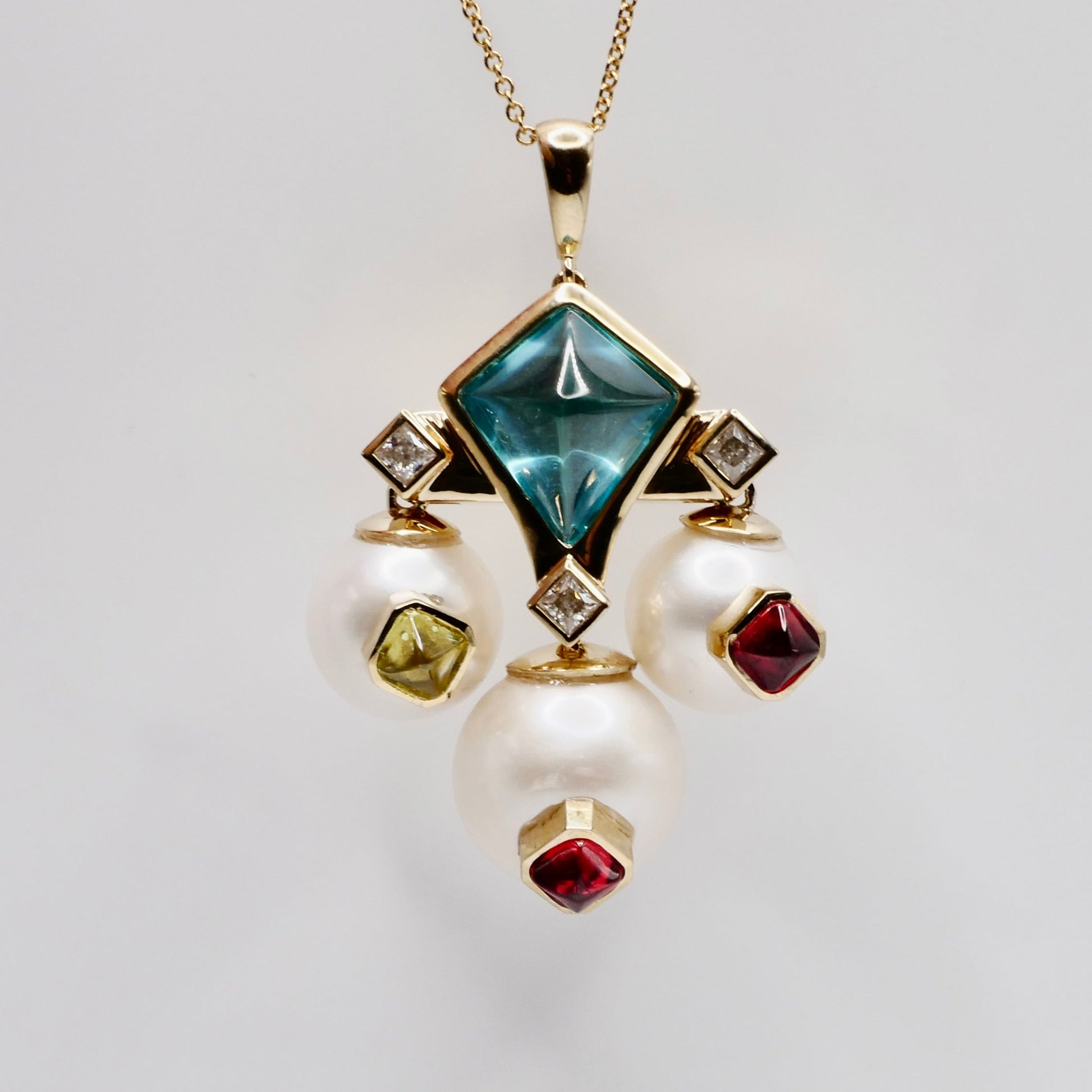 Art Deco Geometric Pearl and Multi-Gemstone Cabochon, 9K Yellow Gold Statement Pendant | by Disco Marshmallow