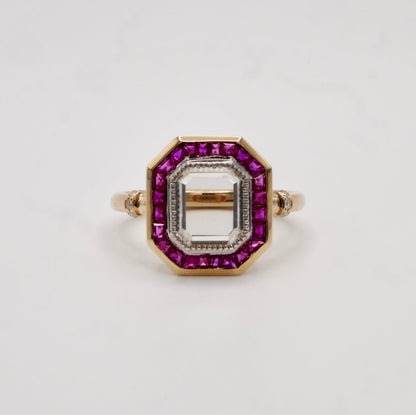 Portrait Cut Moissanite or Diamond Art Deco Ring with Caliber Cut Lab Grown Rubies, 14K Yellow Gold