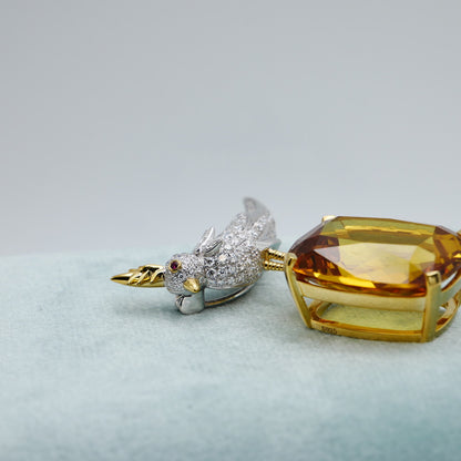 Bird Brooch with Elongated Cushion Citrine and Moissanites, 18K Gold Filled, view 9