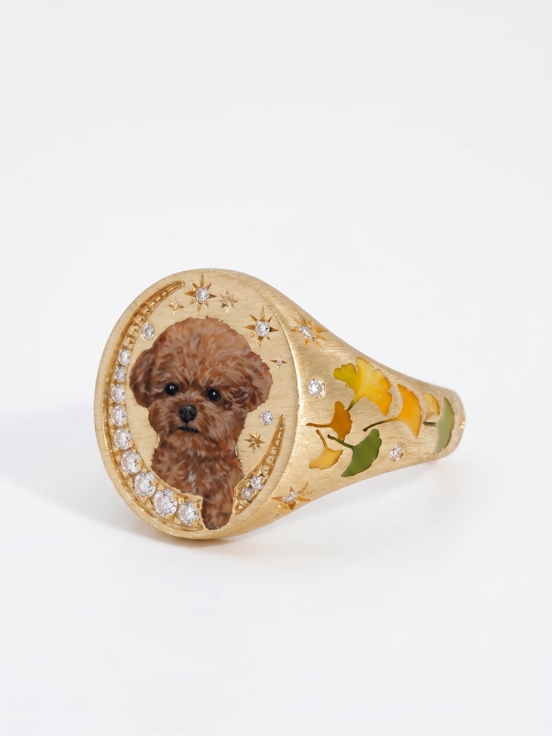Custom pet portrait signet ring, hand painted enamel in solid gold, view 3