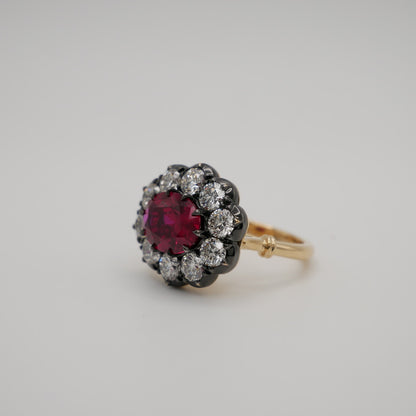 Lab Ruby and Diamond Cluster Ring in Georgian Collet Setting, view 4