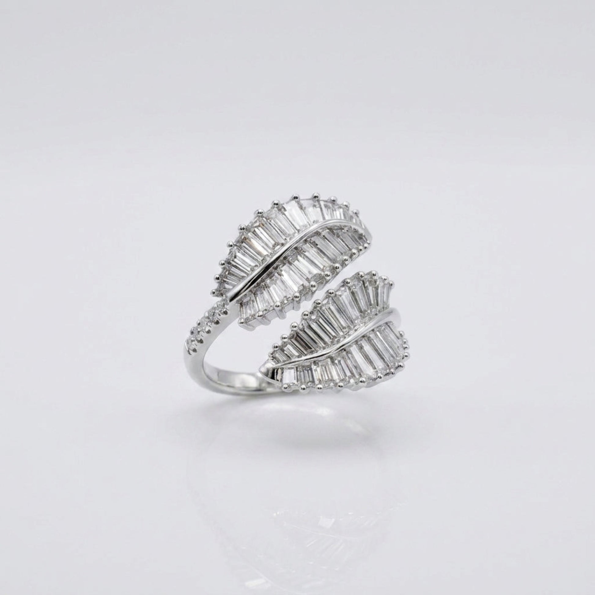 Double palm leaf ring with baguette lab diamonds in 18K white gold