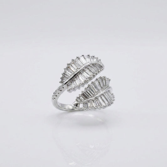 Double palm leaf ring with baguette lab diamonds in 18K white gold