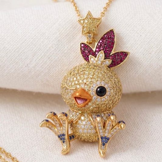 Torchic Pokemon Pendant 3D Pavé Sapphire Ruby Moissanite 14K or 18K Gold