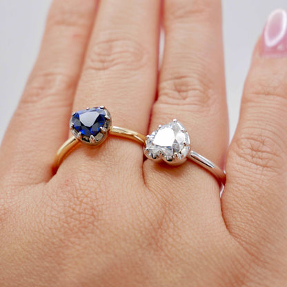 Georgian Victorian Heart Shaped Sapphire and Gold Collet Button Back Ring, view 8
