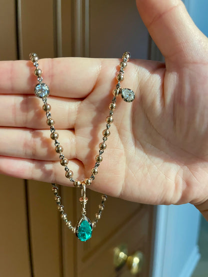 Georgian Victorian Art Deco Ball Chain Necklace with Round and Pear Moissanite or Diamonds, view 4