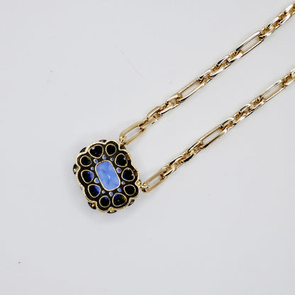 Lab Sapphire Gold Trombone Chain Necklace, 18K Gold