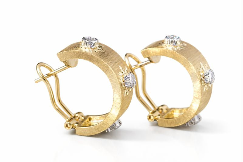 18K Gold Engraved Fabric Silk Diamond Huggies or Hoop Earrings | Buccellati style | Italian engraved gold jewelry | rigato technique | by Disco Marshmallow