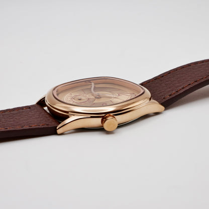 Men's Gold and Brown Leather Strap Barrel Vintage Inspired Watch, view 4