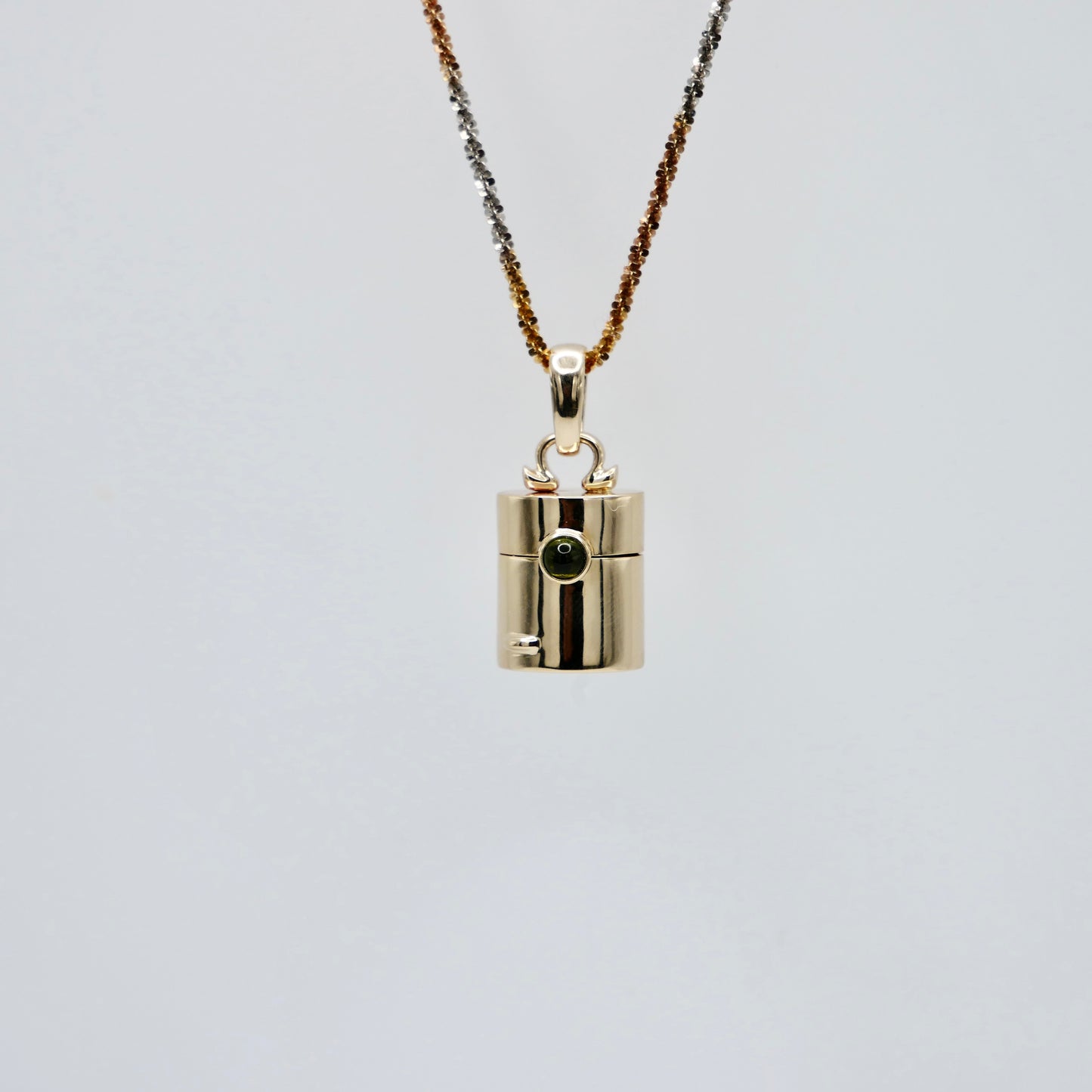 Vintage Style Pill Box Pendant Necklace with Green Tourmaline in 14K or 18K Gold