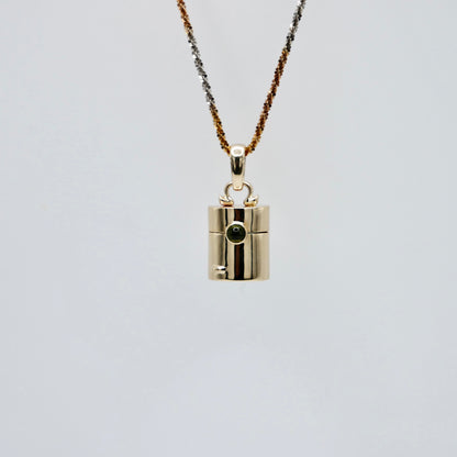 Vintage Style Pill Box Pendant Necklace with Green Tourmaline in 14K or 18K Gold