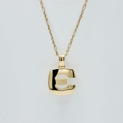 Chunky block initial pendant in solid yellow gold, 38 mm, with a domed high-polish finish and heavy bale