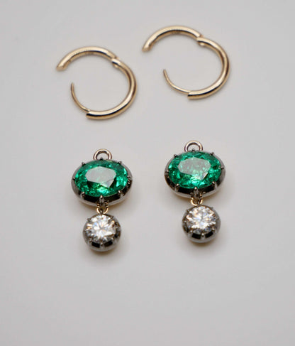 Oval Emerald and Round Moissanite Georgian Victorian Gold Hoop Earrings, view 4
