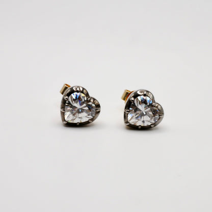 Georgian Victorian Heart Cut Moissanite Stud Earrings, 18K Gold