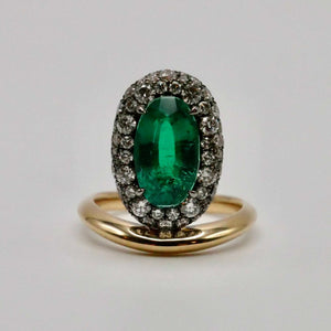 Oval Columbian Emerald Donut Ring with Pave Lab Diamonds, 18K Gold