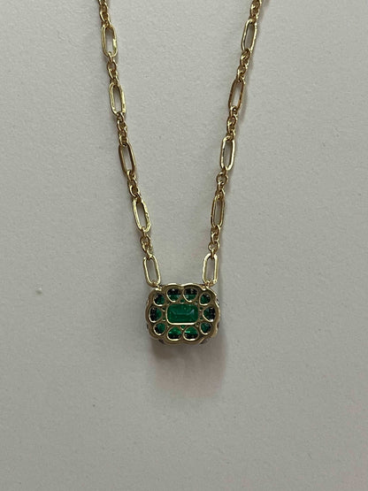 Lab Emerald Gold Trombone Chain Necklace, 18K Gold, view 6