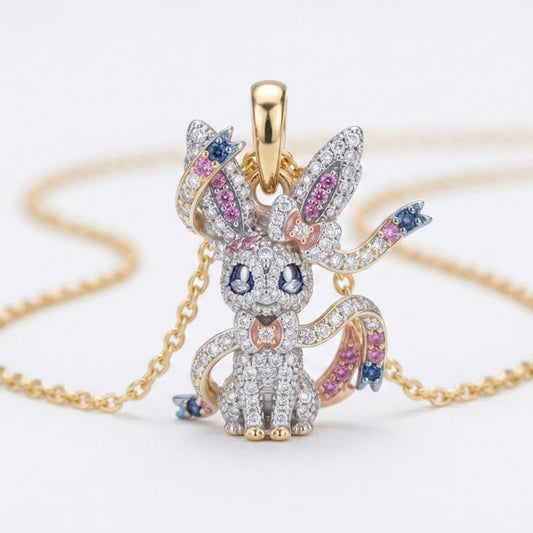 Sylveon Pokemon Pendant Necklace 3D Moissanite Gemstone Charm in 14K or 18K Gold