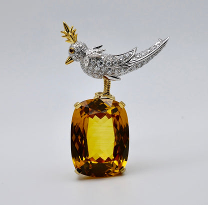 Bird Brooch with Elongated Cushion Citrine and Moissanites, 18K Gold Filled, view 2