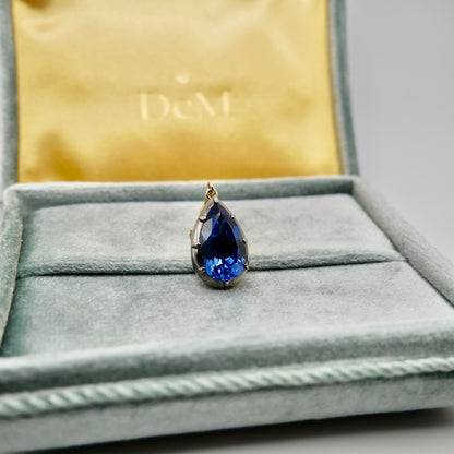 Georgian Victorian Pear Cornflower Blue Sapphire Gold Ball Chain Pendant, view 6