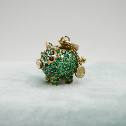 Baby Piggy Bank Charm Pendant with Lab Grown Emeralds, 9K Gold, view 6