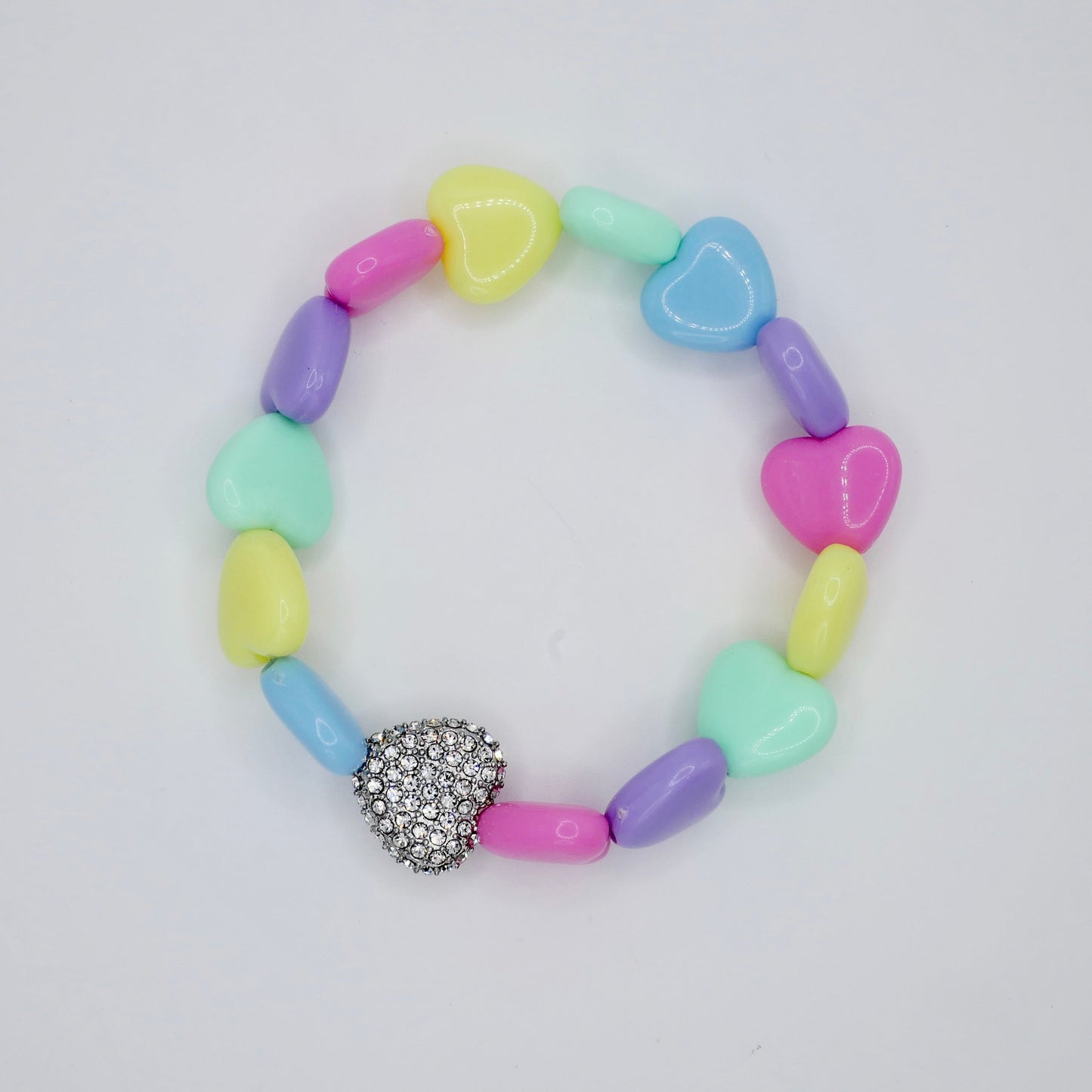 Pastel Heart Bead Stretch Bracelet with Heart Bead, 18K Gold Filled with Pave Moissanites, Ready to Ship