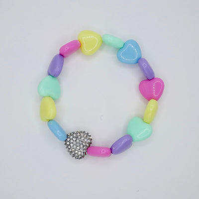 Pastel Heart Bead Stretch Bracelet with Heart Bead, 18K Gold Filled with Pave Moissanites, Ready to Ship