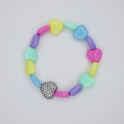 Pastel Heart Bead Stretch Bracelet with Heart Bead, 18K Gold Filled with Pave Moissanites, Ready to Ship