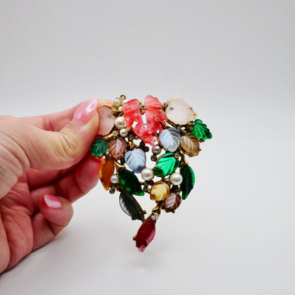 Vintage Gold Plated Tutti Frutti Carved Glass Leaf Brooch Art Deco Inspired, 18K Gold, view 5