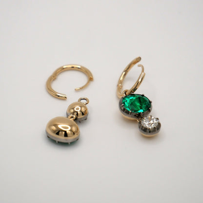 Oval Emerald and Round Moissanite Georgian Victorian Mismatched or Gold Hoop Earrings, view 4