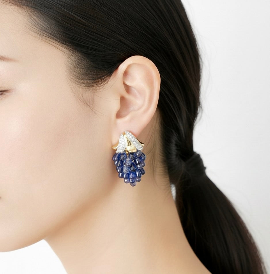 Sapphire Grape Earrings | Lab Sapphire Cluster Drops in 18K Gold Filled or Solid Gold | Statement Earrings | Cabochon Sapphire Jewelry | by Disco Marshmallow | Verdura style | Sicilian jewelry | cabochon bracelet