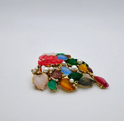 Vintage Gold Plated Tutti Frutti Carved Glass Leaf Brooch Art Deco Inspired, 18K Gold, view 3