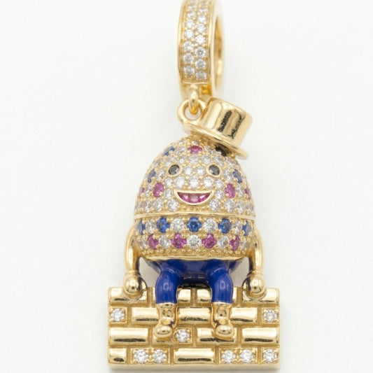 Humpty Dumpty Pendant Charm 3D Pavé Moissanite 18K Gold, Nursery Rhyme Jewelry, Egg on Wall Charm Necklace, Whimsical Fairy Tale Gift