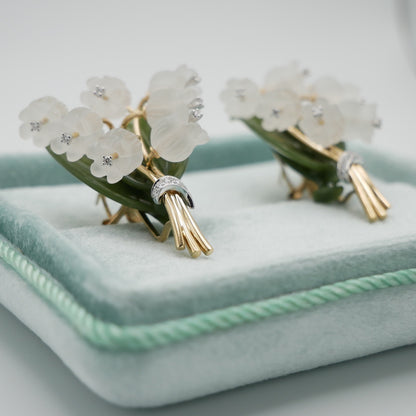 Rock Crystal, Diamond, Nephrite and Lily of the Valley Earrings, Antique Inspired, 18K Gold, view 7