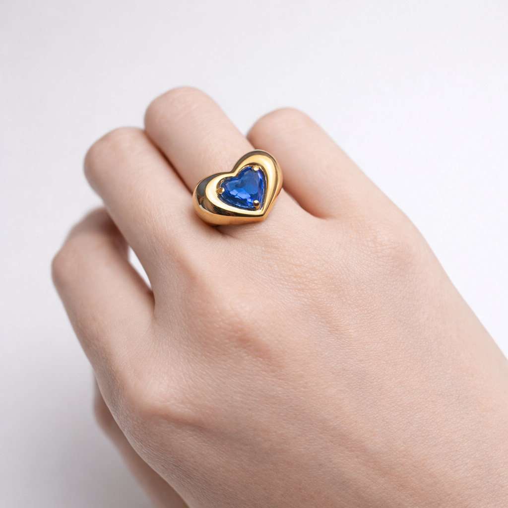 14K or 18K Gold Chunky Marshmallow Pillow Plump Heart Ring with Lab Grown Sapphire | by Disco Marshmallow