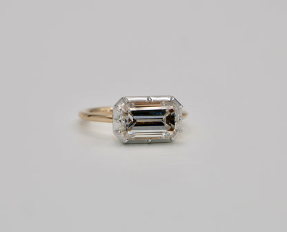 Georgian Victorian Emerald Cut Moissanite Button Back Collet Ring, White Gold, view 6