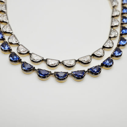 Georgian Victorian Riviere Scalloped Half Moon Collet Sapphire Tennis Necklace, view 4