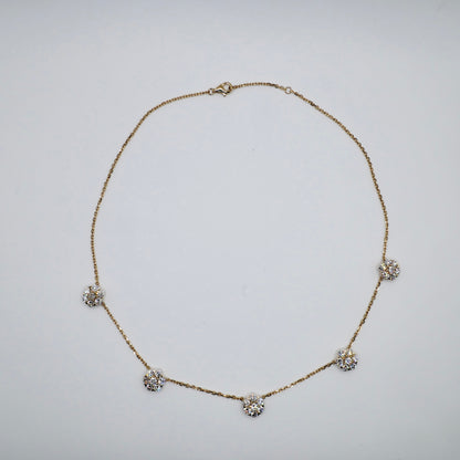 18K gold station necklace with five lab grown diamond flower clusters, 16.5 inches long
