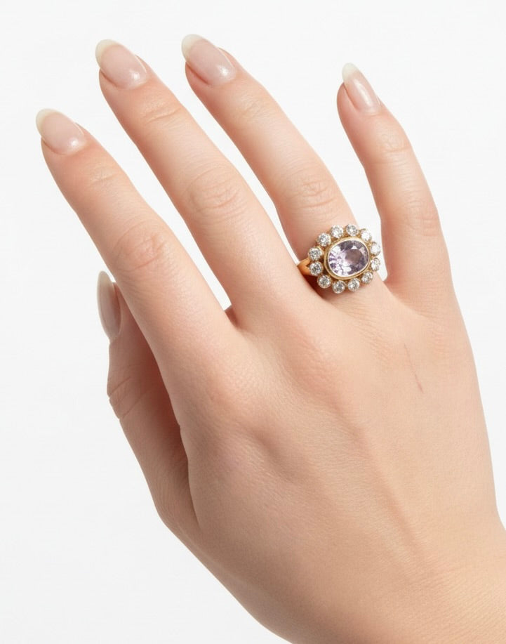 Amethyst Lab Diamond Cluster Ring in 18K Yellow Gold | Bezel Set Engagement Ring | Victorian Style | Jessica McCormack style | Fred Leighton inspired | Zendaya engagement ring style | Zoe Kravitz jewelry | Georgian Victorian antique inspired jewelry | by Disco Marshmallow | Brent Neale style | cluster ring | two stone ring