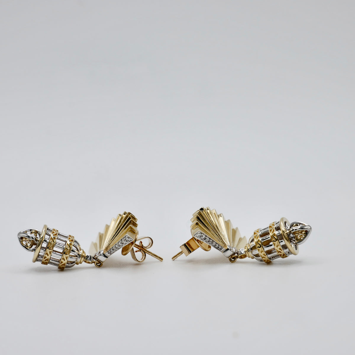 Art Deco Fan Drop Earrings, 14K or 18K Gold and Moissanite