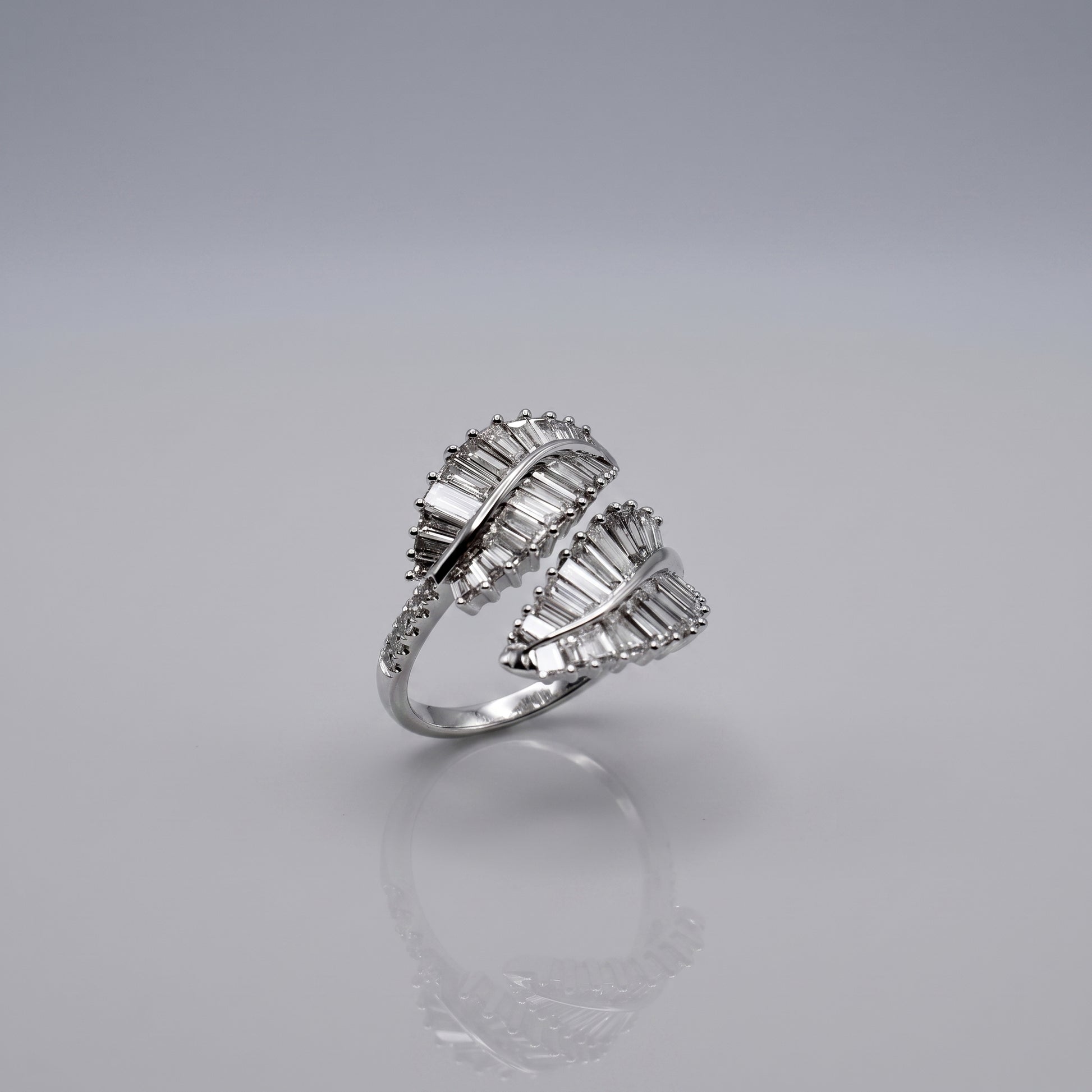 Double palm leaf ring with baguette lab diamonds in 18K white gold, view 3