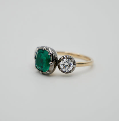 Cushion Emerald and Lab Diamond Georgian Victorian Collet Button Back Trilogy Ring, view 3