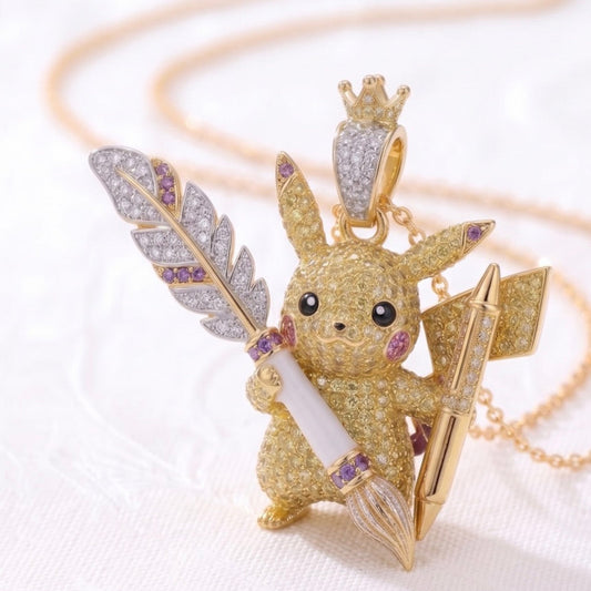 Illustrator Pikachu Pendant with Pen and Quill 3D Pavé Moissanite Sapphire 14K or 18K Gold