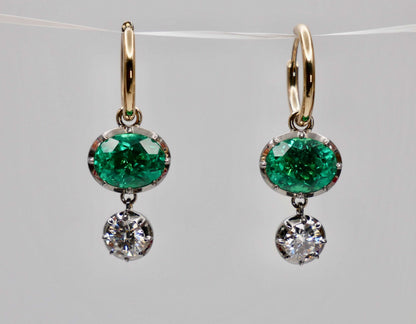 Oval Emerald and Round Moissanite Georgian Victorian Gold Hoop Earrings, view 7