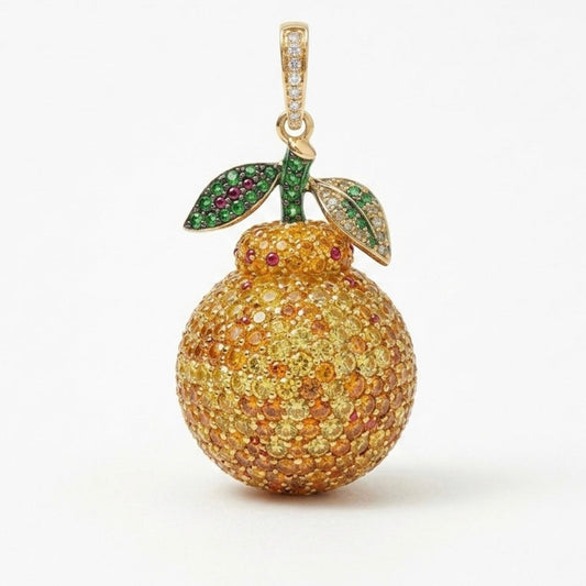 Jeju Tangerine Pendant Charm 3D Pavé Sapphire Emerald Moissanite 18K Gold, Korean Fruit Jewelry, Mandarin Orange Charm Necklace, Food Charm
