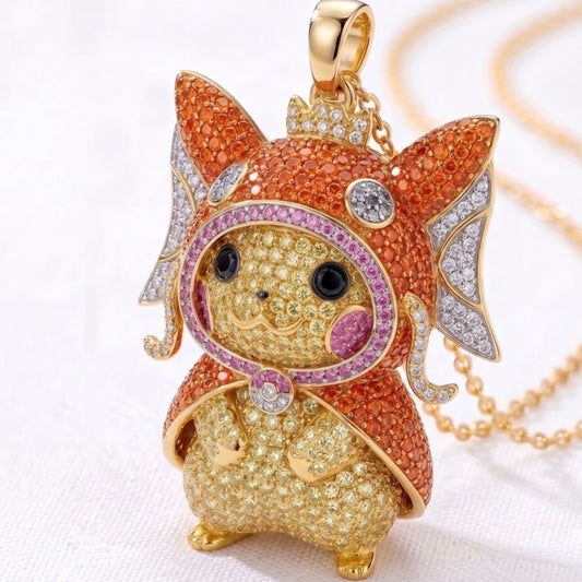 Pikachu in Magikarp Poncho Pendant 3D Pavé Moissanite Sapphire 14K or 18K Gold