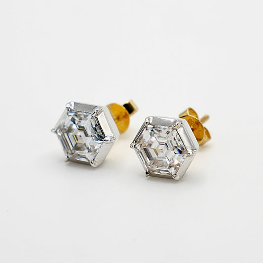 Georgian Victorian Hexagon Honeycomb Moissanite Stud Earrings in 18K White and Yellow Gold