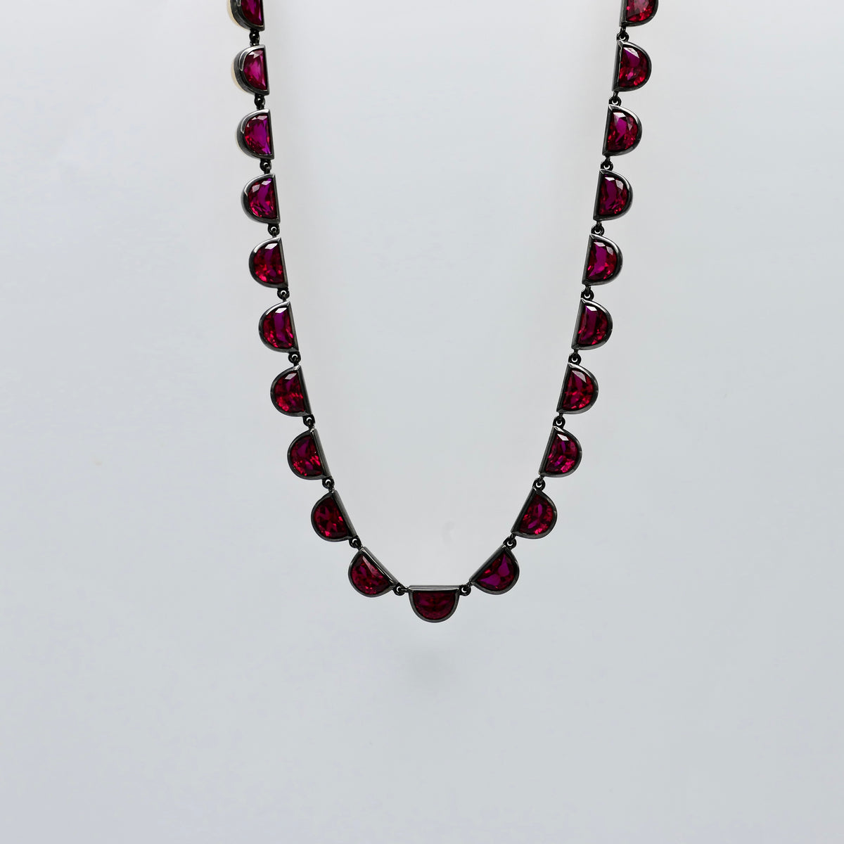Georgian Victorian Riviere Scalloped Half Moon Collet Ruby Tennis Necklace