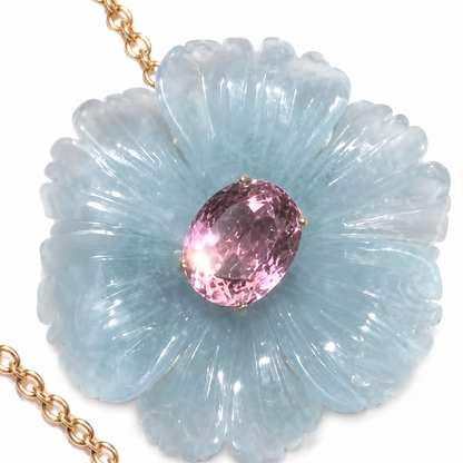 Carved Aquamarine Tropical Flower Necklace with Pink Tourmaline in 14K or 18K Gold