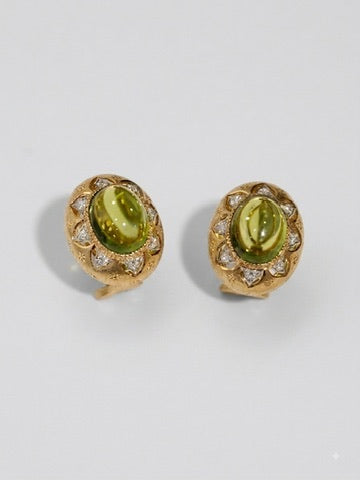 Peridot Cabochon and Natural Diamond Halo Earrings, 18K Gold
